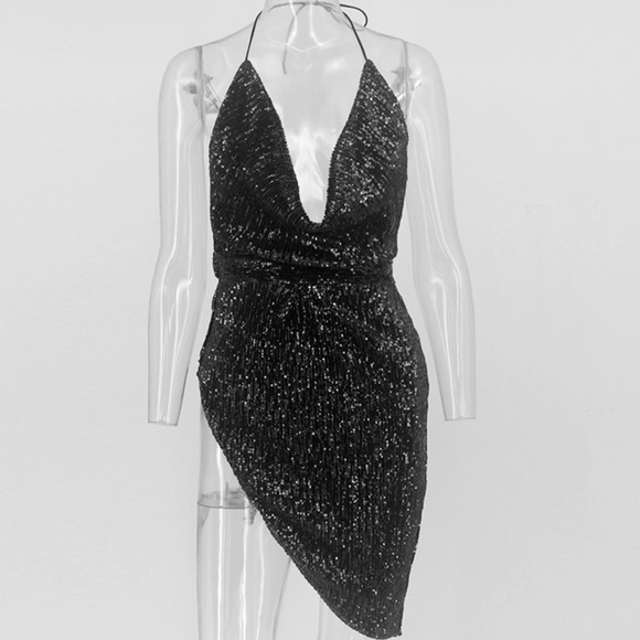 Black Asymmetrical mini sequin dress - Picture 3 of 6